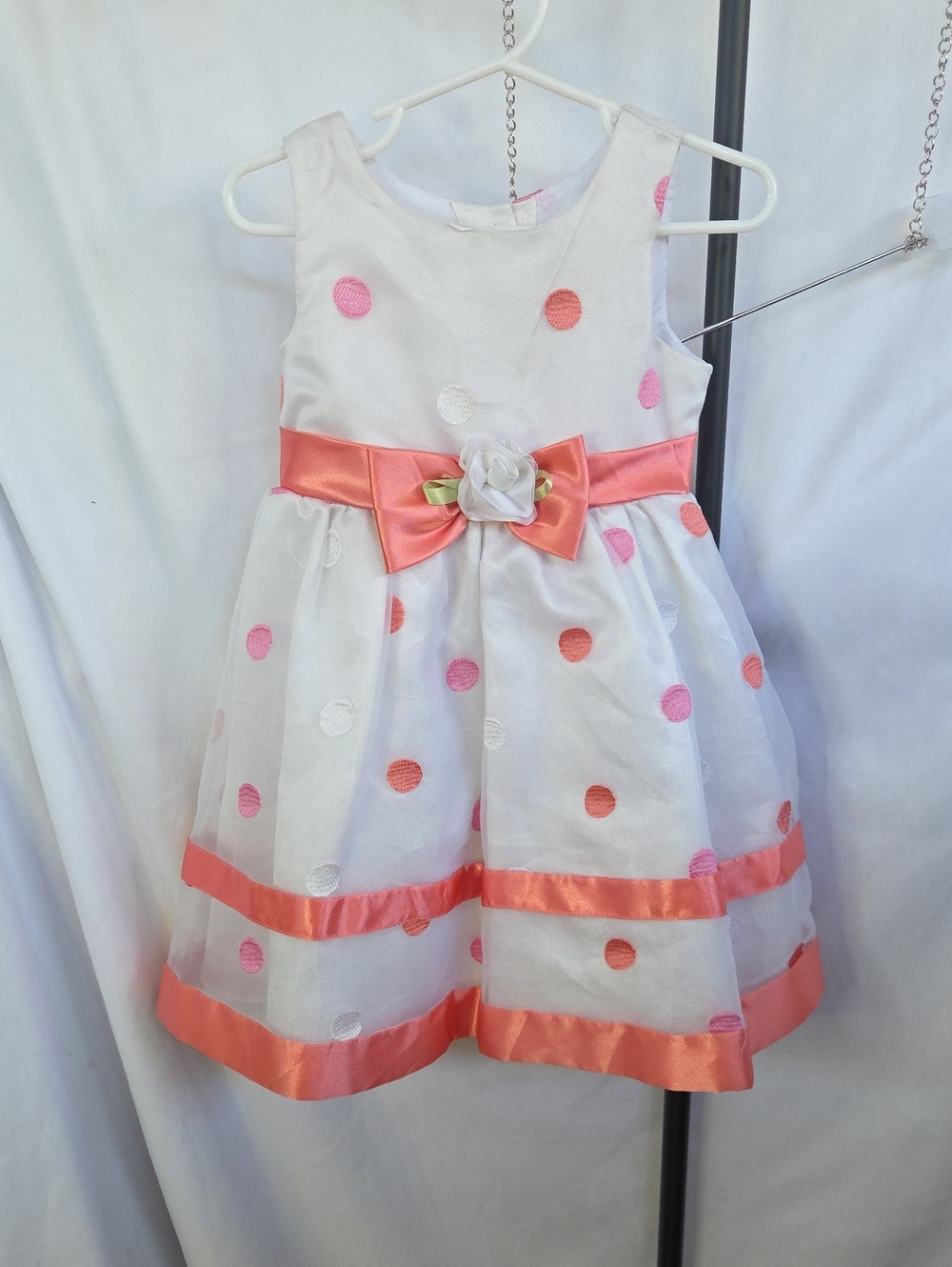 Youngland White Dress with Coral and Light Pink Polka Dots and Satin Bow